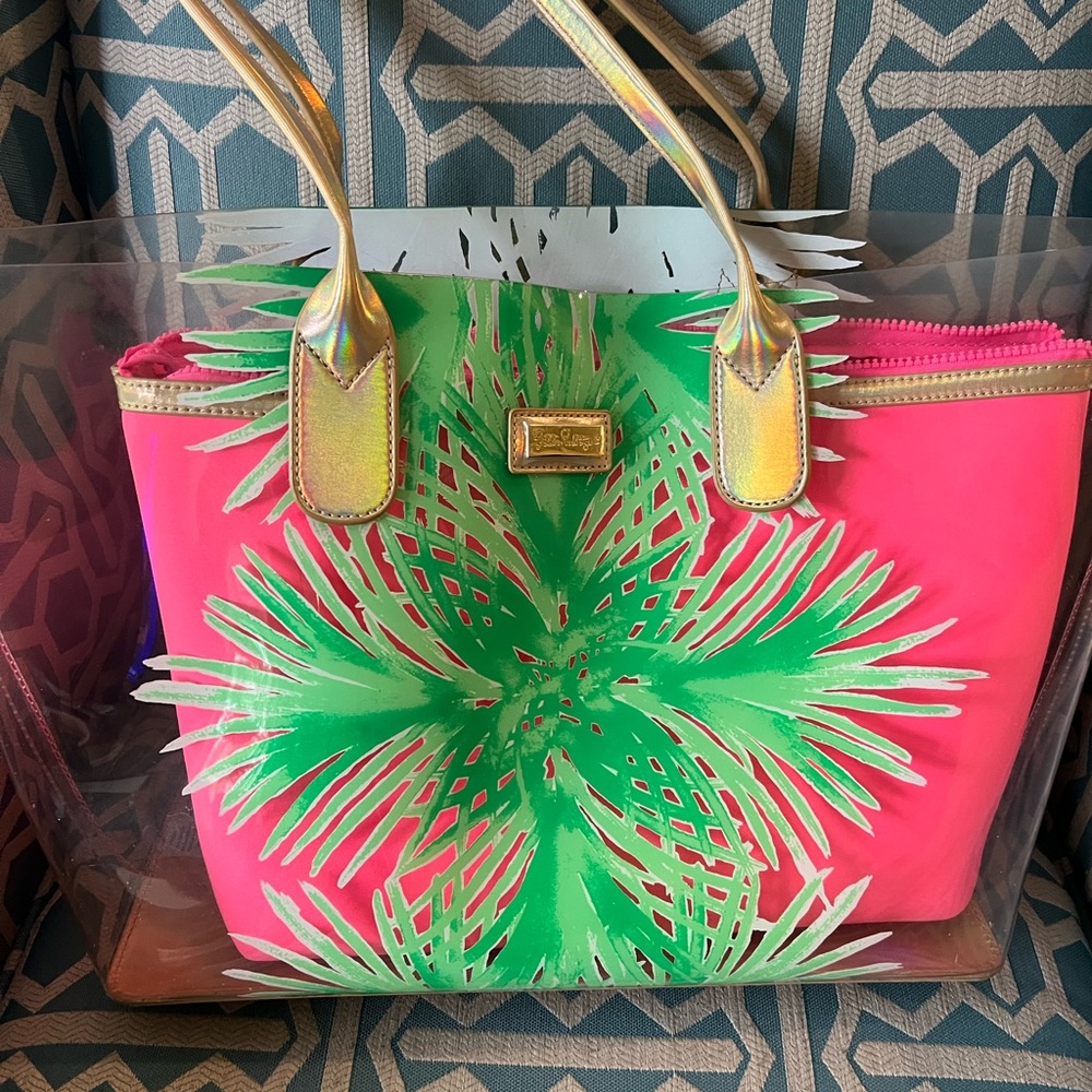 Lilly Pulitzer Clear Tote with separate Pink Insert with Gold handles